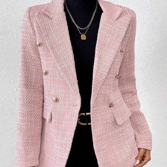 Baby Pink Elegant Women's Plain Color Double Breasted Long Sleeve Suit Jacket - Picture 3 of 6